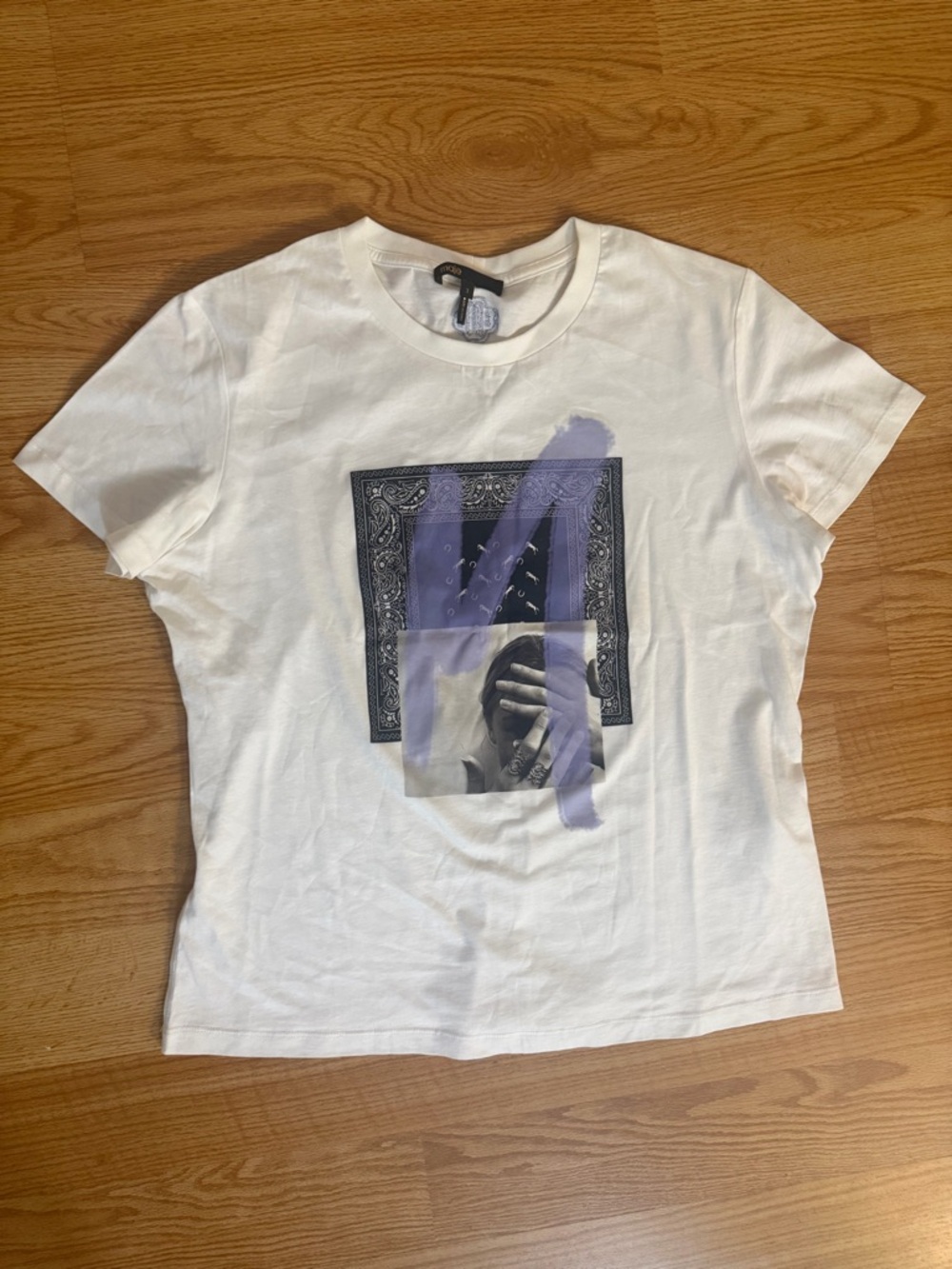 Maje White Short Sleeve Tee with Purple Brush Graphic